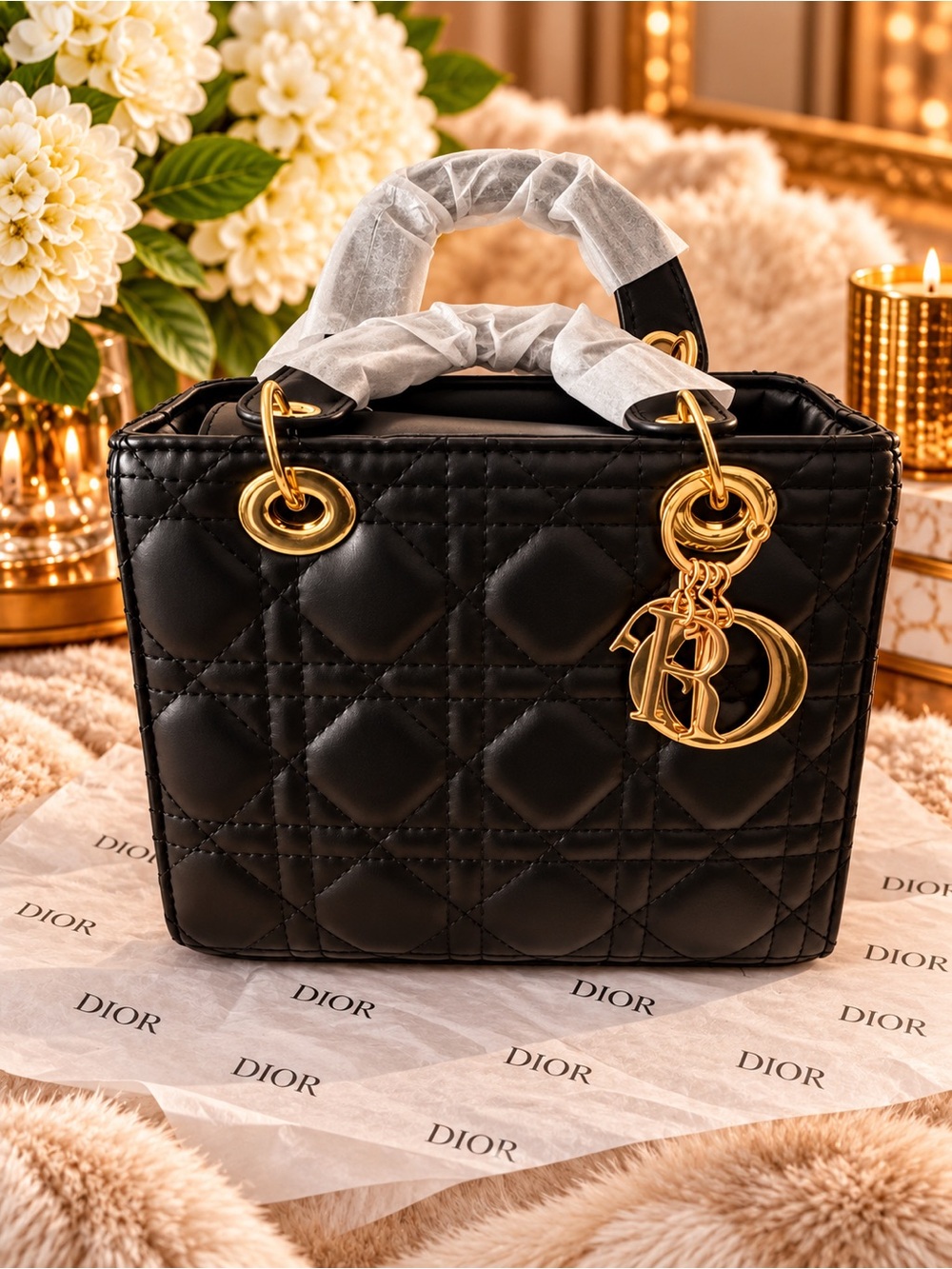 NWT Black Mini Quilted Leather Lady Bag with Gold Hardware